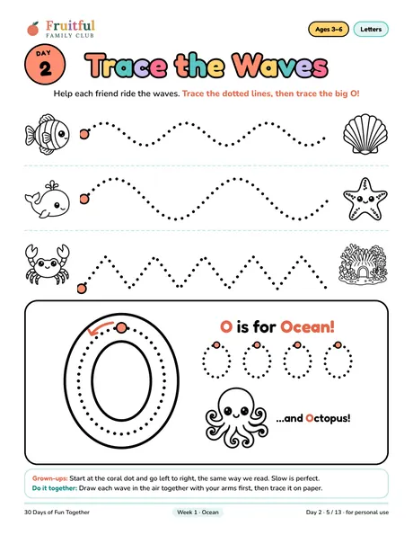 Day 2 page: Trace the Waves, dotted wave lines and the letter O to trace