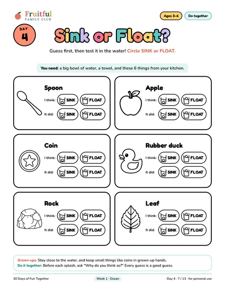 Day 4 page: Sink or Float, guess and test six kitchen objects in water