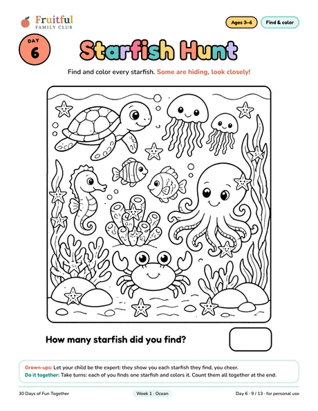 Day 6 page: Starfish Hunt, an ocean scene to find and color hidden starfish